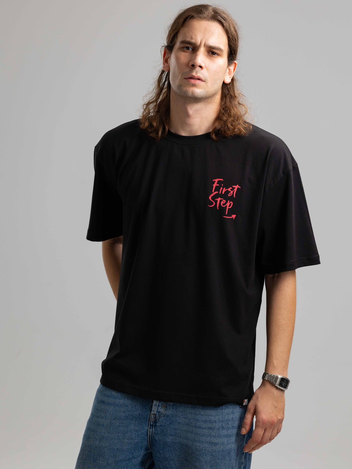 First Step Siyah Oversize Baskılı Tişört