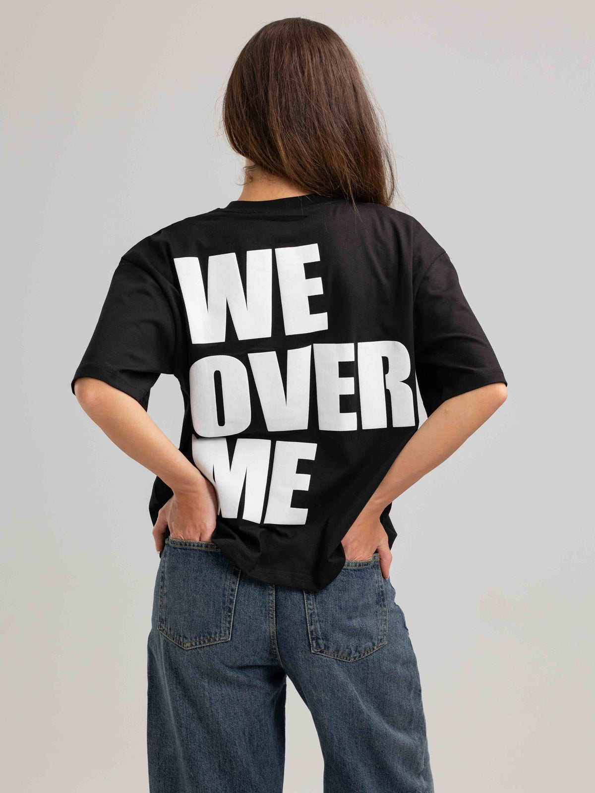 We Over Me Siyah Oversize Puff Baskılı Tişört