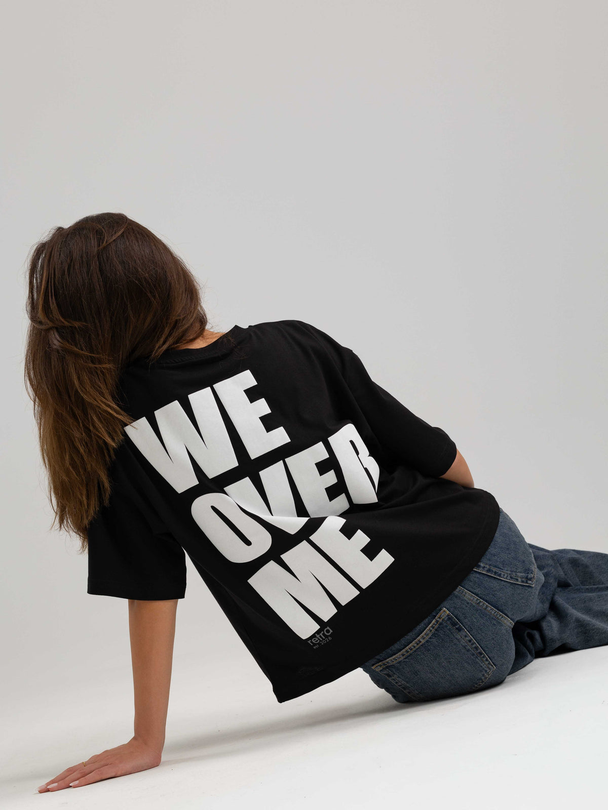 We Over Me Siyah Oversize Puff Baskılı Tişört