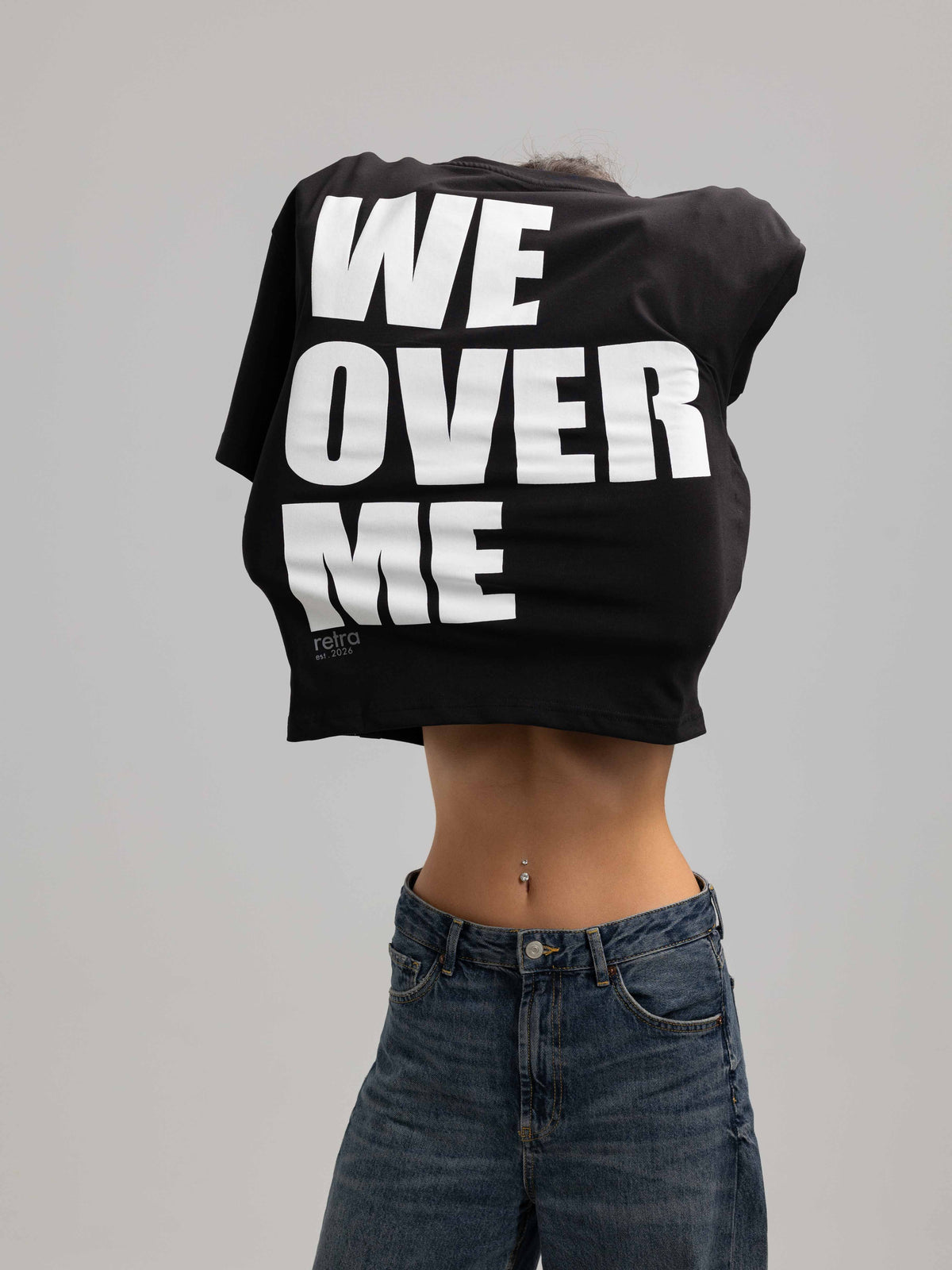 We Over Me Siyah Oversize Puff Baskılı Tişört