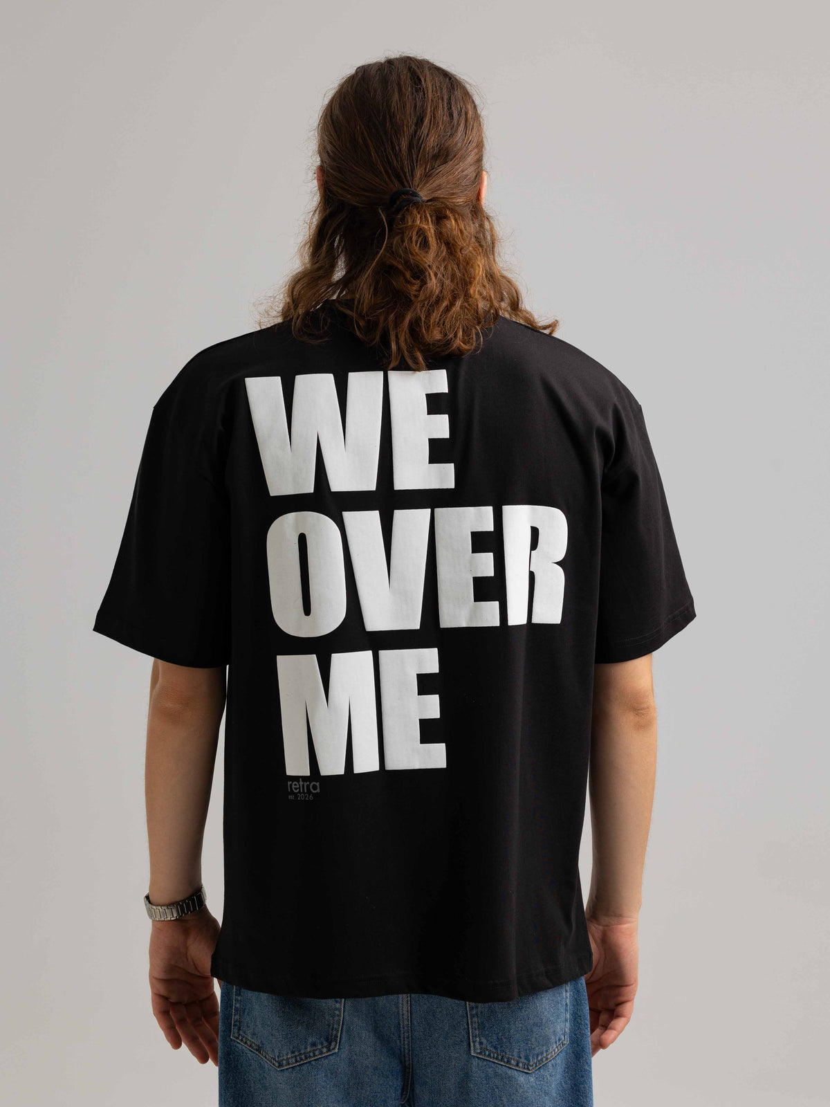 We Over Me Siyah Oversize Puff Baskılı Tişört