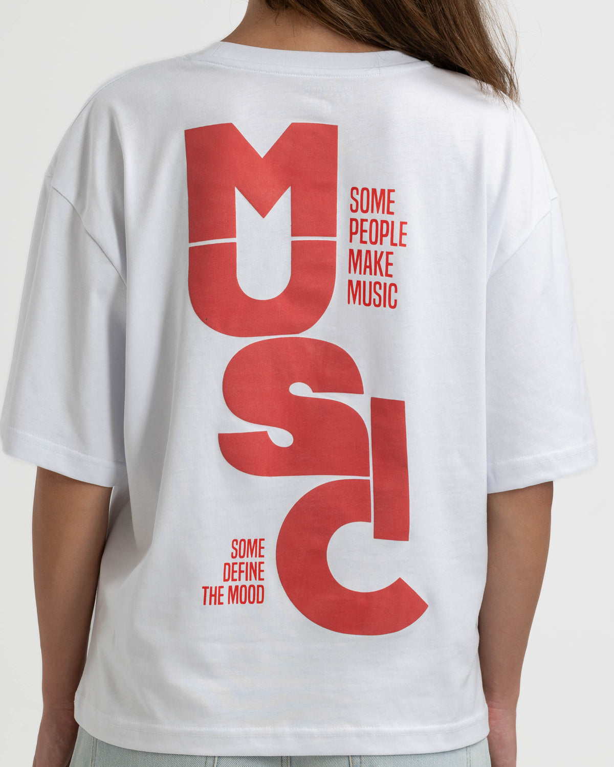 Music Beyaz Oversize Puff Baskılı Tişört