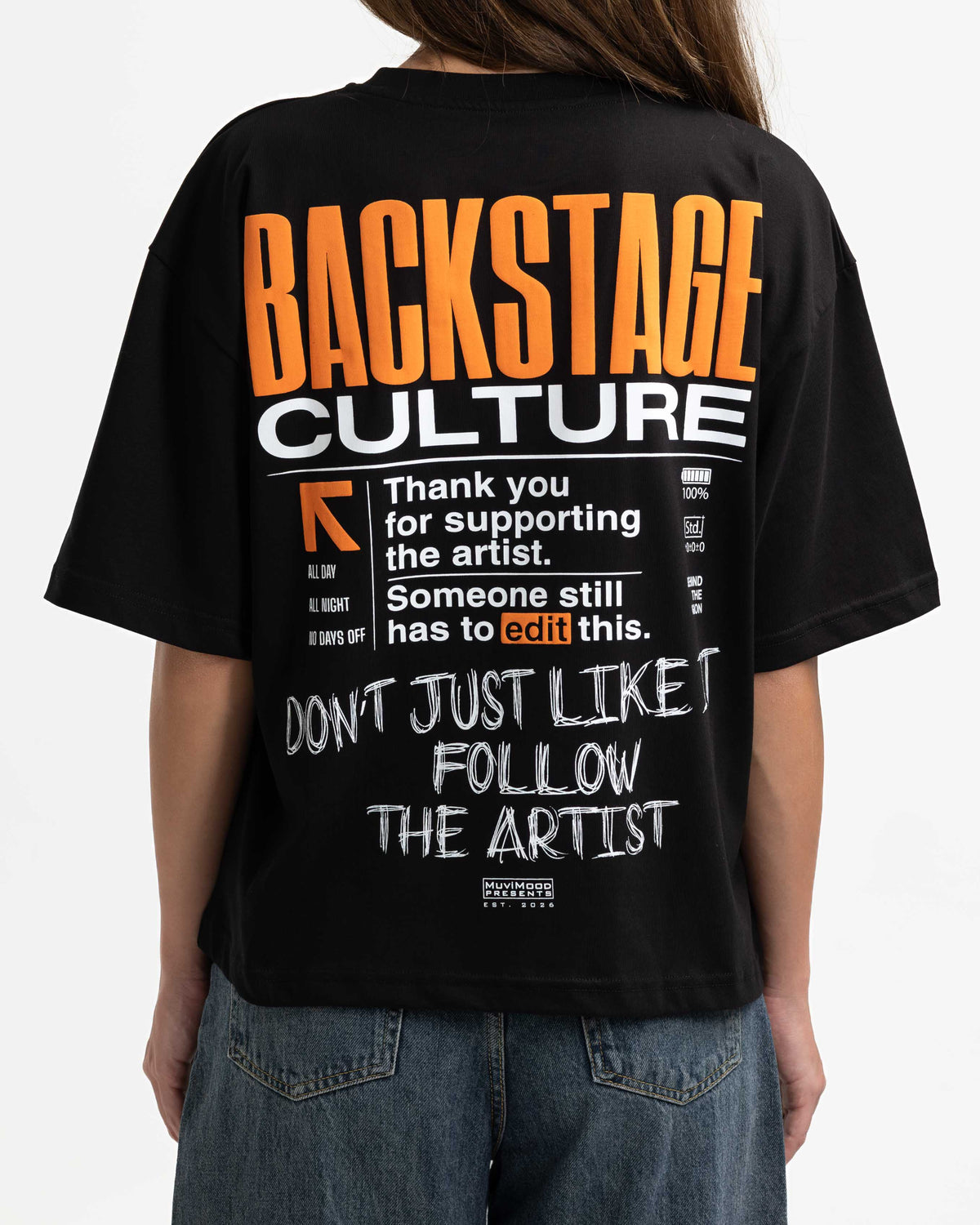 Backstage Culture v2 Siyah Oversize Baskılı Tişört