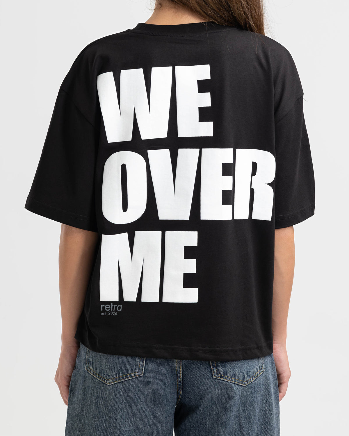 We Over Me Siyah Oversize Puff Baskılı Tişört